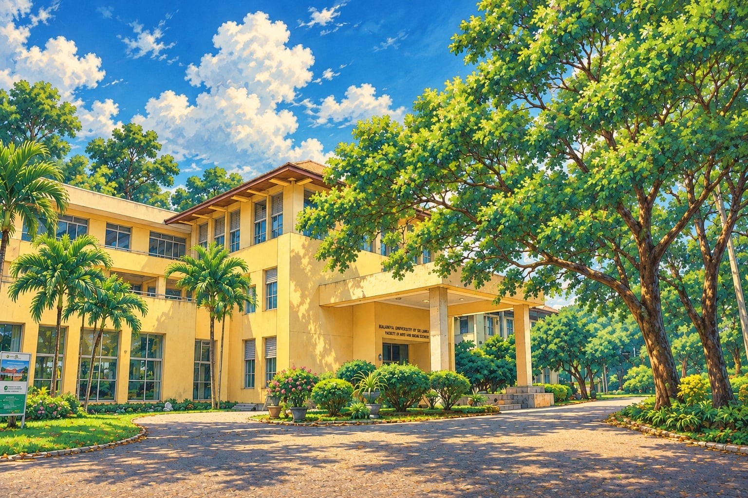 Rajarata University campus building surrounded by trees under a bright blue sky